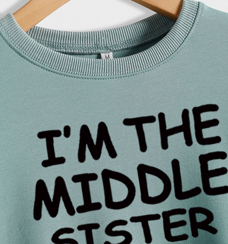 Sweat-shirt ample à manches longues et col rond pour femme, imprimé I'M THE MIDDLE