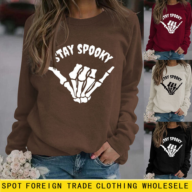 STAY SPOOKY Finger Letter Print Automne Hiver Col Rond Manches Longues Pull Fille