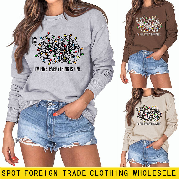 Je vais bien tout lettres col rond bande lumineuse pull à manches longues femme