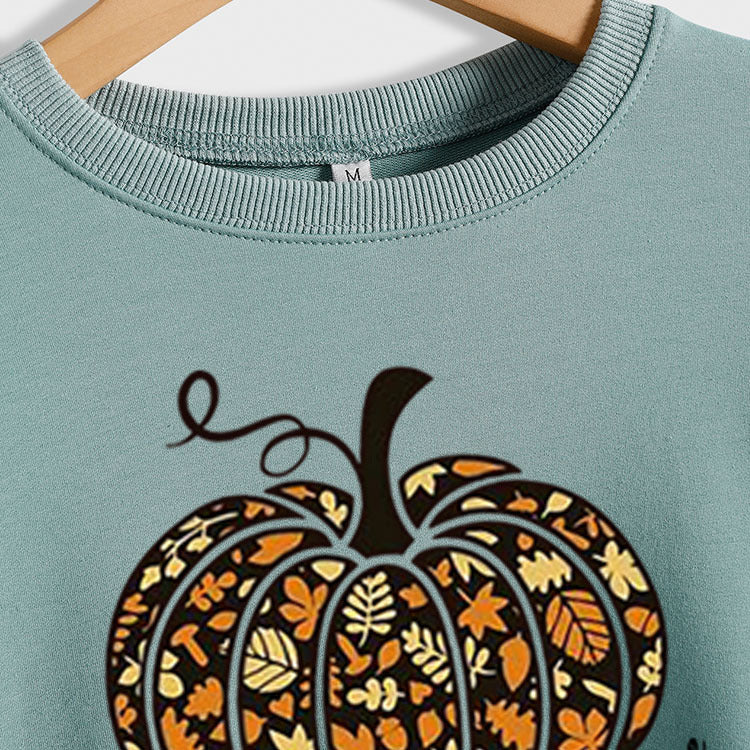 Automne feuilles lettres col rond citrouille Halloween pull à manches longues femmes