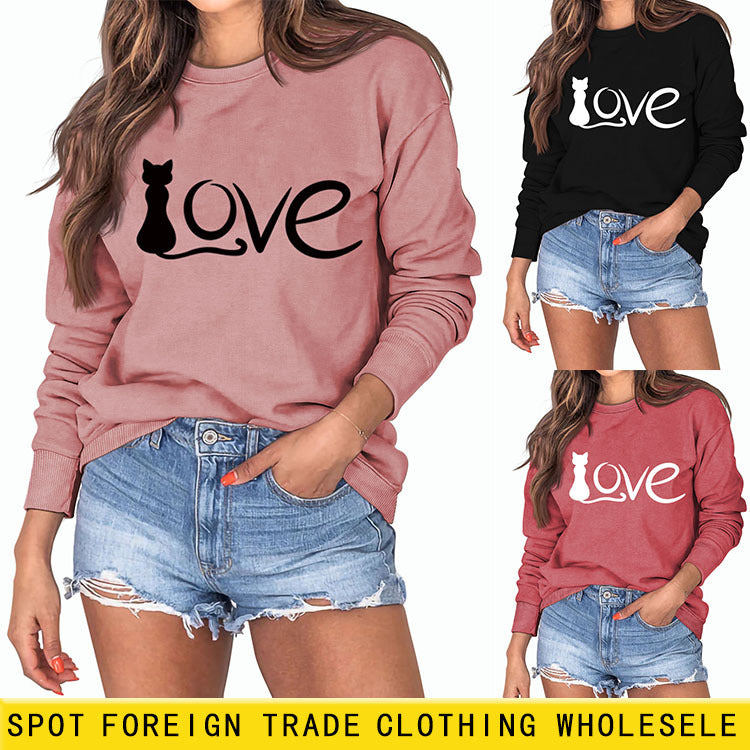 Love Cute Cat Letter Round Neck Fashion Autumn and Winter Long Sleeve Large Sweater