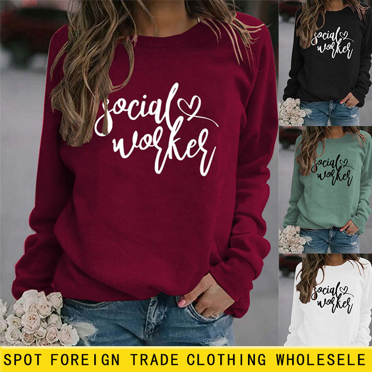 Travailleur Social col rond mode grande taille dames à manches longues pull imprimé ample