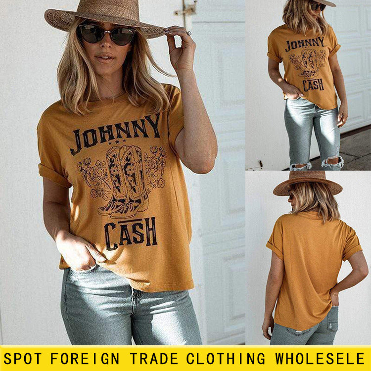 Johnny Cash Letter Short Sleeve Flower Boots T-shirt drôle pour femme