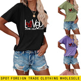 Fashion Casual Womens T-shirt LOVED Plaid Love Pattern Short Sleeves