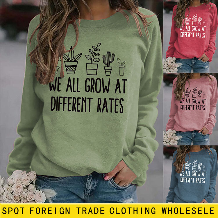 Round Neck Letter Ladies Long Sleeve WE ALL GROW Printed Loose Sweater