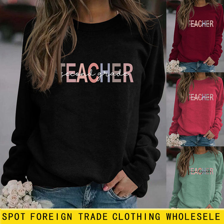 Pull à manches longues pour femme, enseignant de deuxième année, lettres, col rond, mode