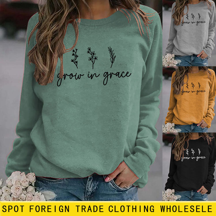 Grow In Grace Lettering Fashion Sweat-shirt à manches longues et col rond pour femme