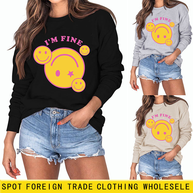 I'M FINE Smiley Letter Print Nouveau pull à manches longues pour femme