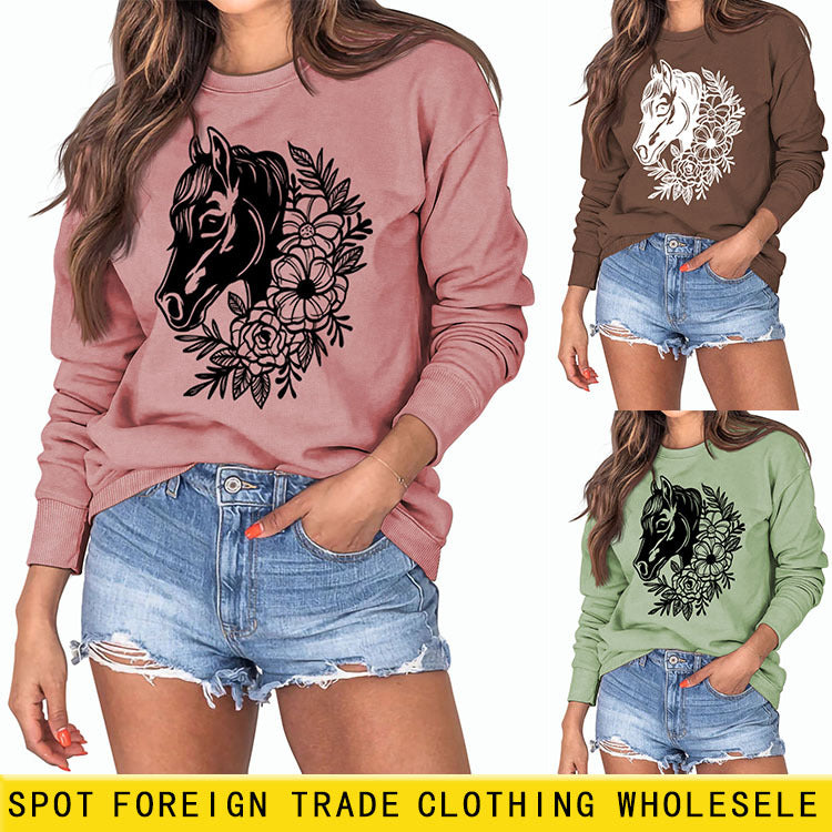 Pull à manches longues pour fille, col rond, imprimé plante et fleur, ample, automne et hiver