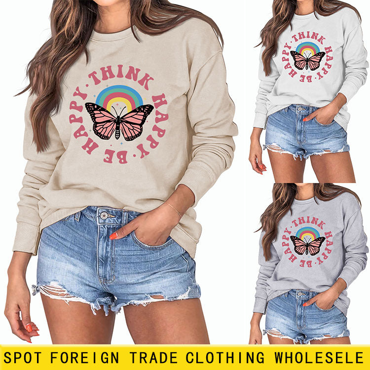 THINK HAPPY BE HAPPY SWEAT-SHIRT À MANCHES LONGUES IMPRIMÉ MONOGRAMME PAPILLON
