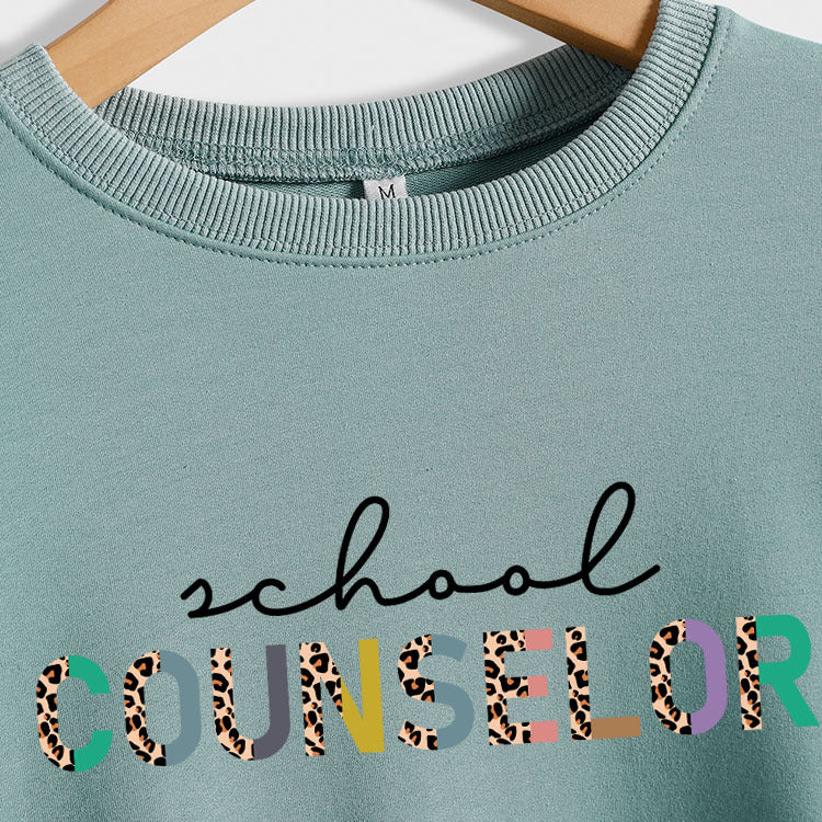 SCHOOL COUNSELOR Leopard Letter Printing Round Neck Loose Long Sleeve Plus Size Sweater Girl
