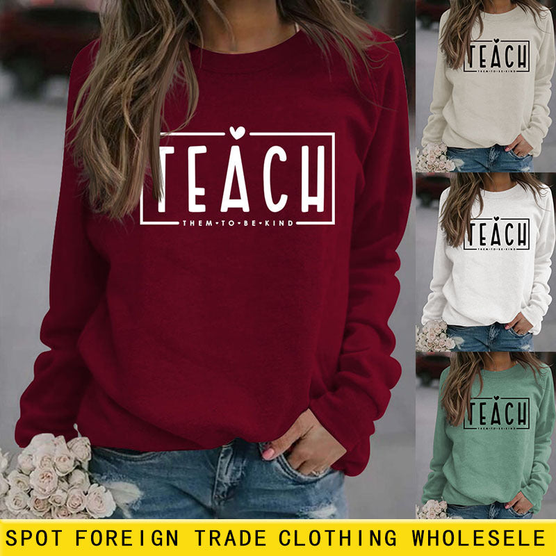 TEACH THEM TO BE KIND Love Letter Round Neck Loose Casual Long Sleeve Sweater