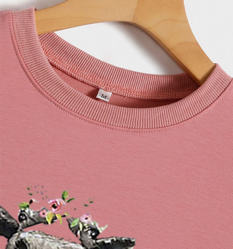 Sweat-shirt ample à col rond et manches longues, imprimé génisse, pas aujourd'hui