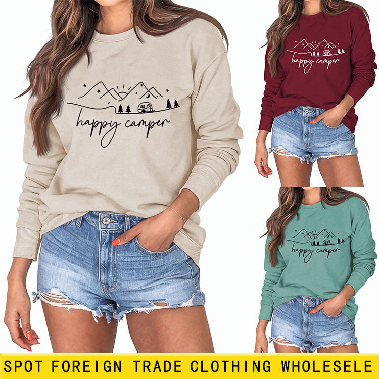 Happy Camper Lettre Impression Mode Manches Longues Col Rond Pull Ample