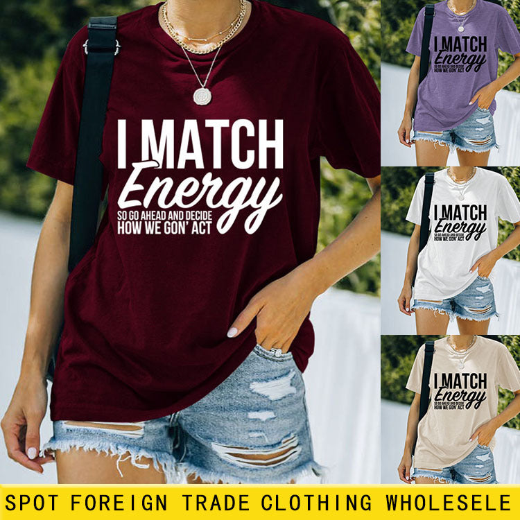 T-Shirt manches courtes col rond femme, lettre d'été I MAtCH ENERGY SO