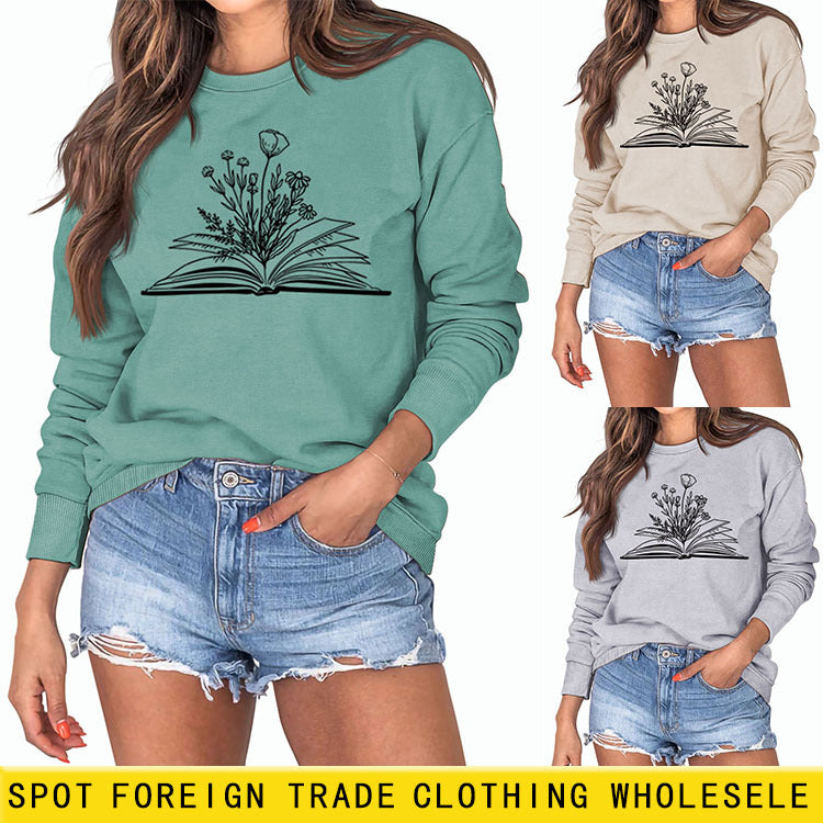 Pull décontracté imprimé à manches longues et ample de grande taille à col rond