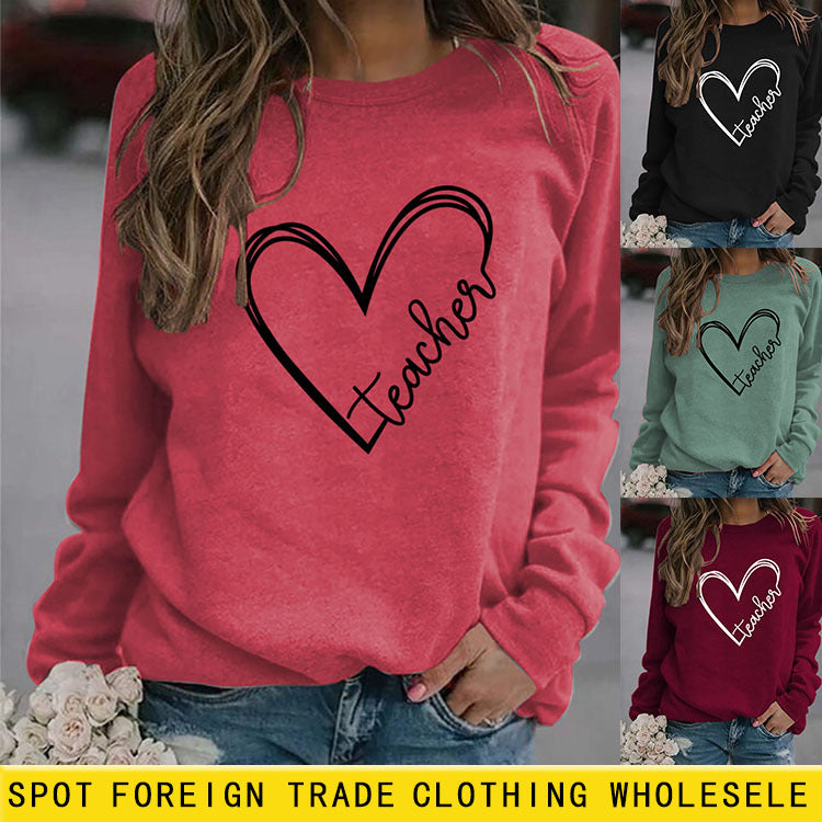 Professeur coeur lettres col rond fond ample grande taille pull à manches longues femmes