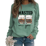 WASTED ON YOU Weinglas-Buchstabendruck Herbst- und Winter-Basis Langarm-Pullover in Übergröße