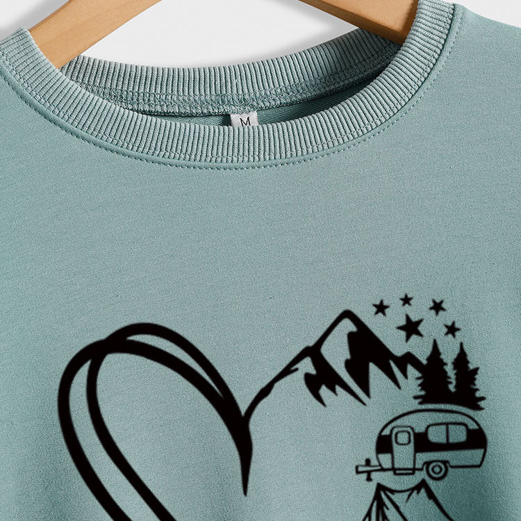 Sweat-shirt surdimensionné à manches longues et col rond pour femme, imprimé Love Camping Bus