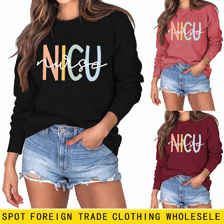 NICU Nurse Letter Round Neck Fashion Loose Bottomed Long Sleeve Women's Sweater