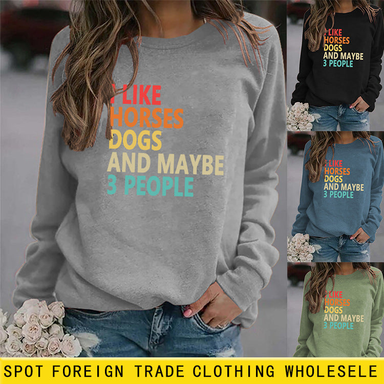 J'aime les chevaux chiens mode col rond lettres imprimées pull à manches longues pour femmes