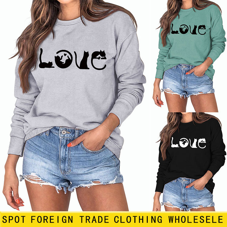 Sweat-shirt à manches longues et col rond pour femme, mignon, chat, amour