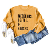 WEEKENDS COFFEE HORSES Letter Loose Long Sleeve Ladies Sweater