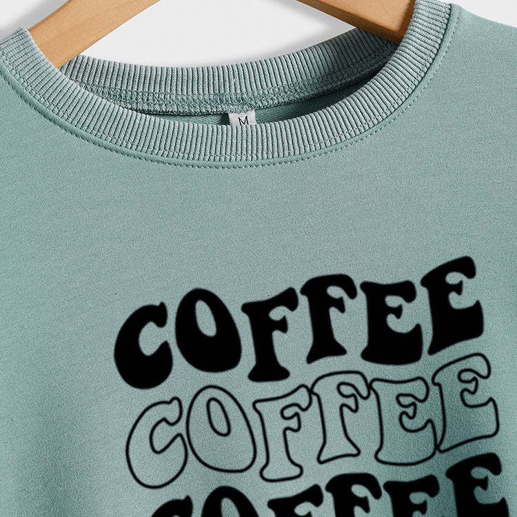 Col rond lettre café hauts femmes à manches longues imprimé sweat-shirt ample