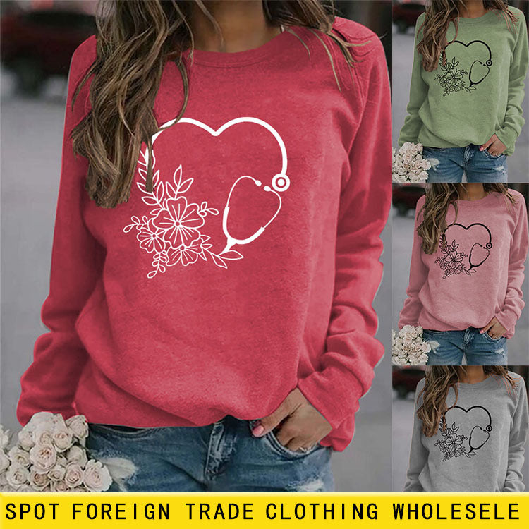 Pull décontracté à manches longues pour femme, haut imprimé amour, automne et hiver