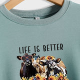 Life Is Better with Letter Cow Print Loose Round Neck Long Sleeve Sweater