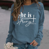 She Is Strong Fashion Large Round Neck Women's Long Sleeve Printed Sweater