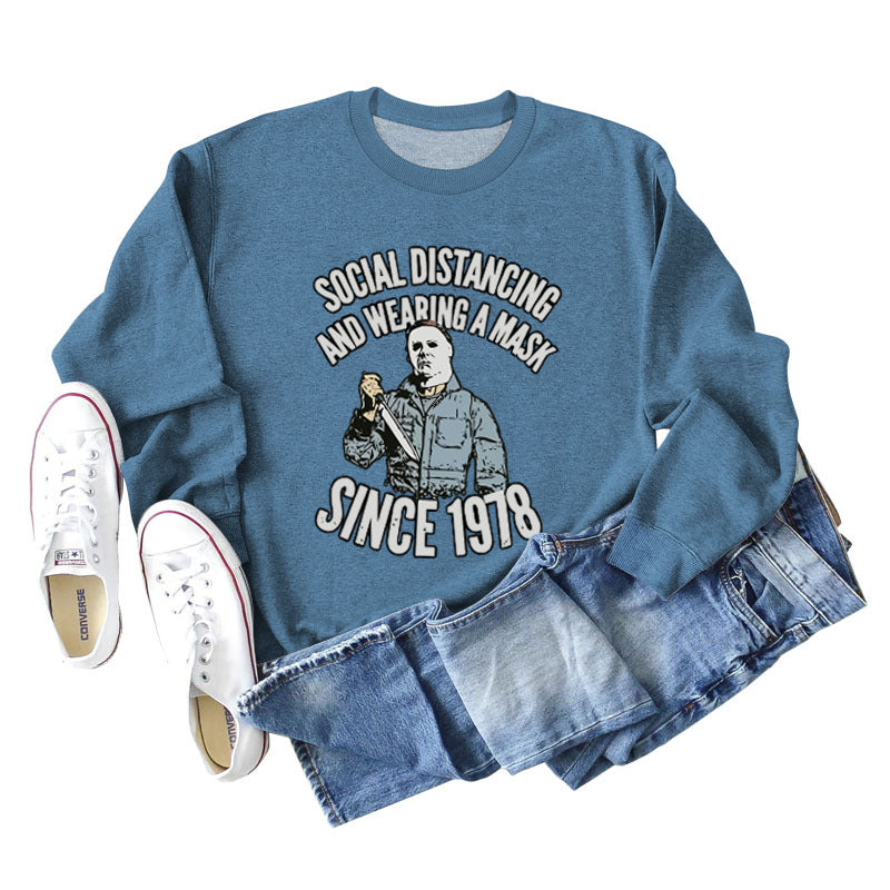 SOCIAL DISTANCING AND LETTERPRINT CREW NECK BOTTOM LONG SLEEVE SWEATER