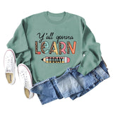 Y'all Gona Learn Today - Langarmshirt mit Leopardenmuster und Buchstaben, großer Pullover