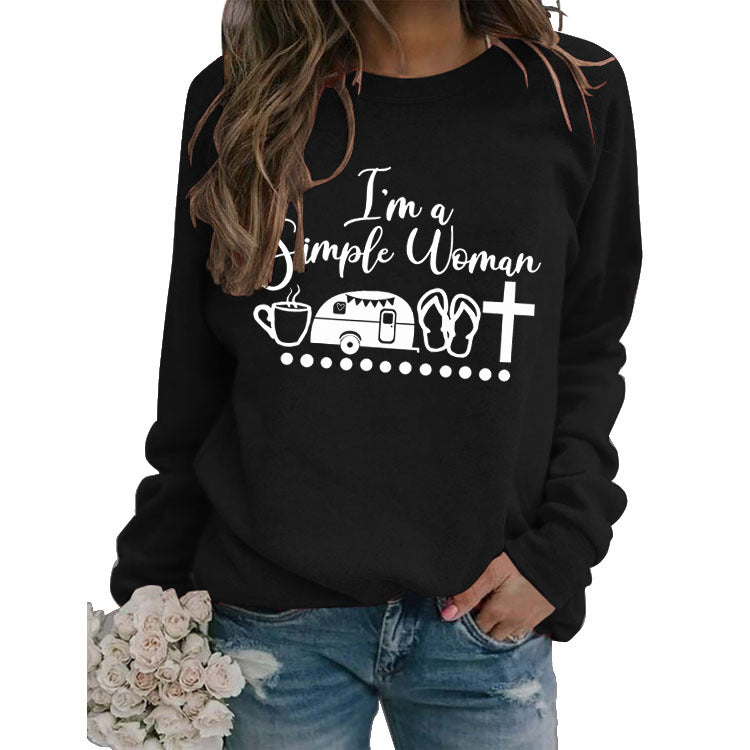 Hauts à col rond et manches longues, sweat-shirt ample à imprimé Simple