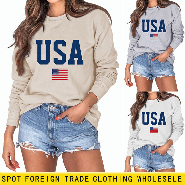Pull à manches longues et col rond imprimé USA pour femmes