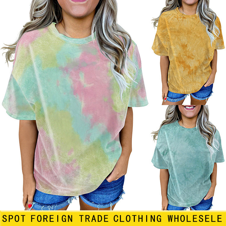 T-shirt ample à manches courtes et col rond pour hommes et femmes, couleur unie, teint par nouage, ensemble imprimé