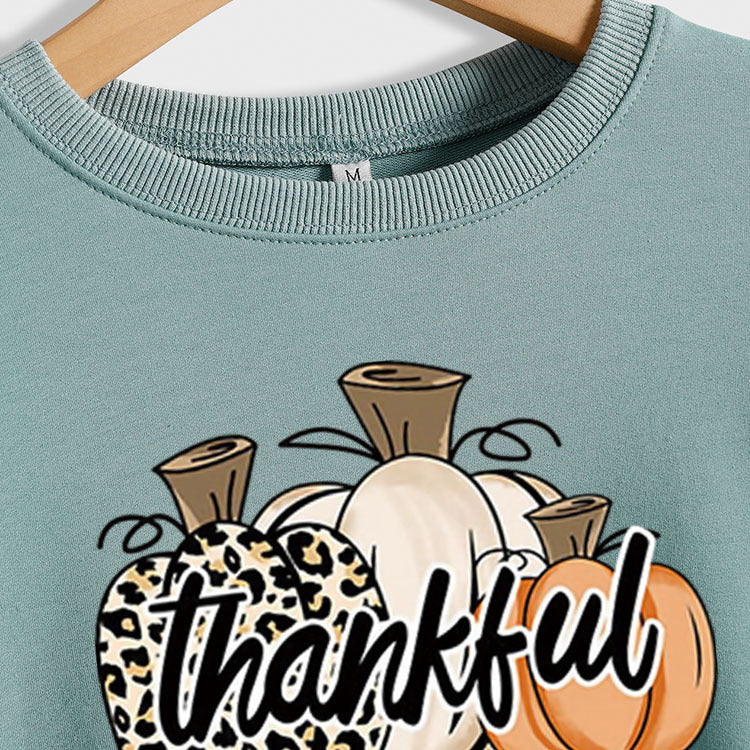 Sweat-shirt à manches longues et col rond pour femme, lettres imprimées léopard et citrouille de remerciement, Halloween