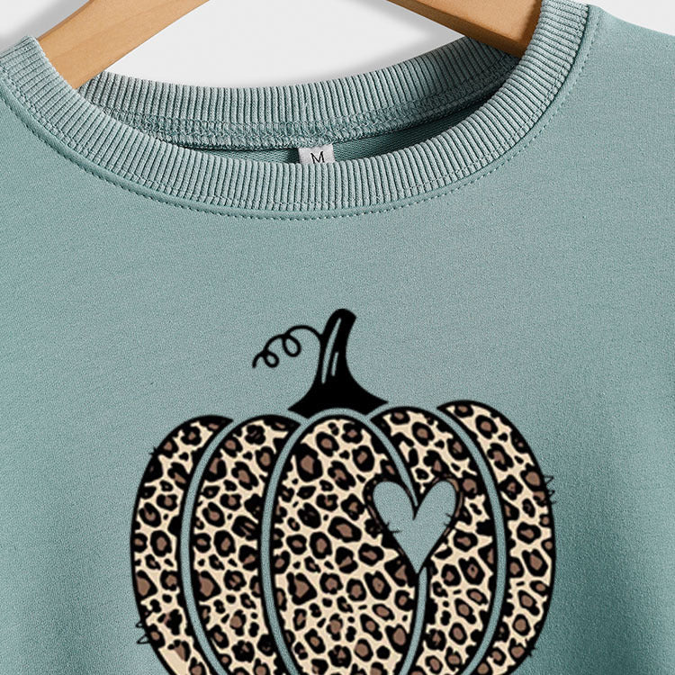 Hello Fall Sweat-shirt à manches longues et lettres de citrouille imprimé léopard pour Thanksgiving, grande taille