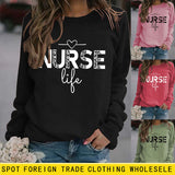 Pullover mit Rundhalsausschnitt, langärmelig, „Nurse Life“-Aufdruck, lockerer Pullover mit Quereinfassung