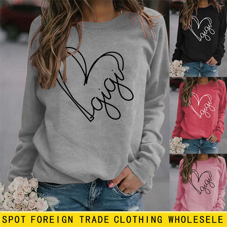 Autumn and Winter Womens Top Letter Gigi Heart Print Long-sleeved Sweatshirt