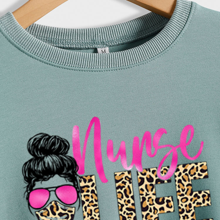 Nunse Life lettres col rond automne et hiver manches longues tache léopard fille imprimé sweat