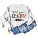 Y'all Gona Learn Today - Langarmshirt mit Leopardenmuster und Buchstaben, großer Pullover