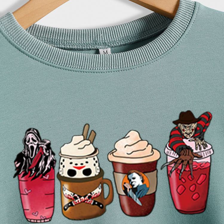 Coffee Ghost Print Round Neck Loose Fall and Winter Bottoming Long-sleeved Large Size Sweater