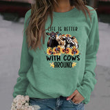 Life Is Better with Letter Cow Print Loose Round Neck Long Sleeve Sweater