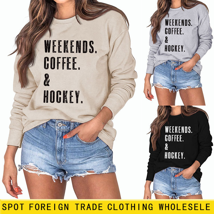WEEKENDS COFFEE Letter Round Neck Loose Fall/Winter Basement Long Sleeve Sweater Girl
