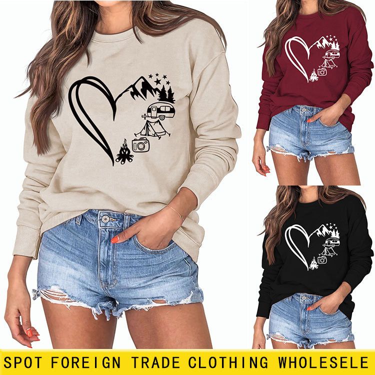 Sweat-shirt surdimensionné à manches longues et col rond pour femme, imprimé Love Camping Bus