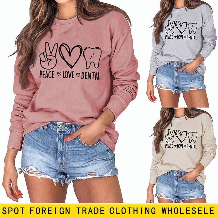 Peace Love Dental – pull ample à manches longues et col rond pour femme, automne et hiver