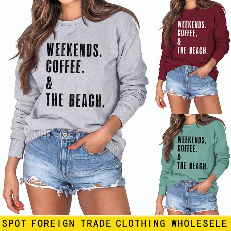 WEEK-END CAFÉ COL ROND LETTRES MODE LÂCHE AUTOMNE HIVER MANCHES LONGUES SWEAT-SHIRT OVERSIZE