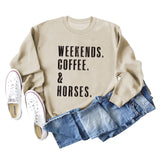 WEEKENDS COFFEE HORSES Letter Loose Long Sleeve Ladies Sweater