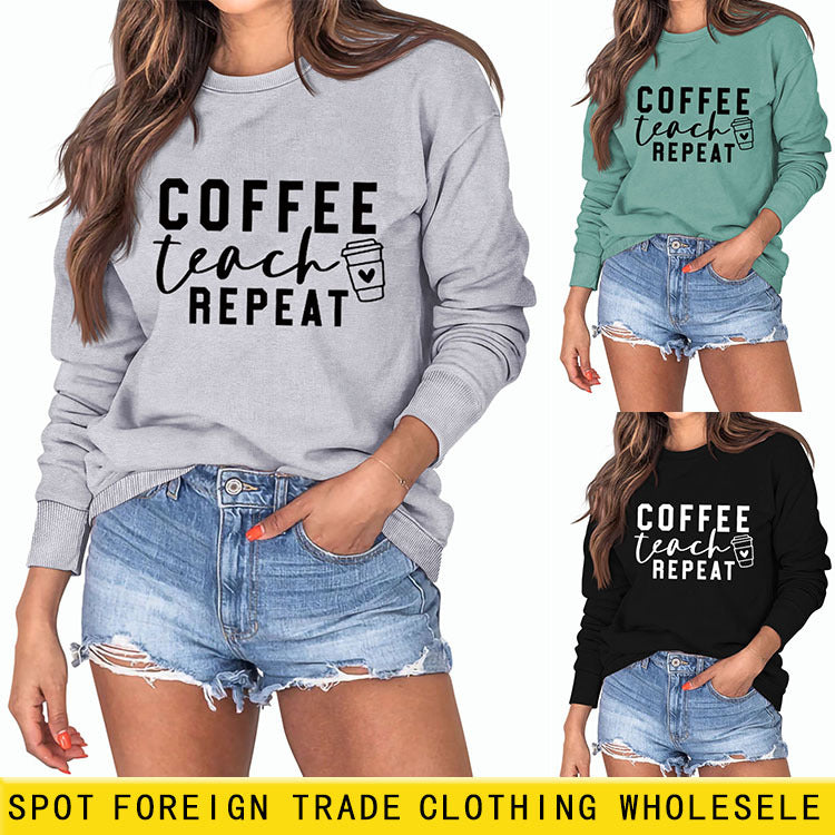 CAFÉ ENSEIGNER RÉPÉTITION Lettres Mode Lâche Dames à manches longues Chemise Pull